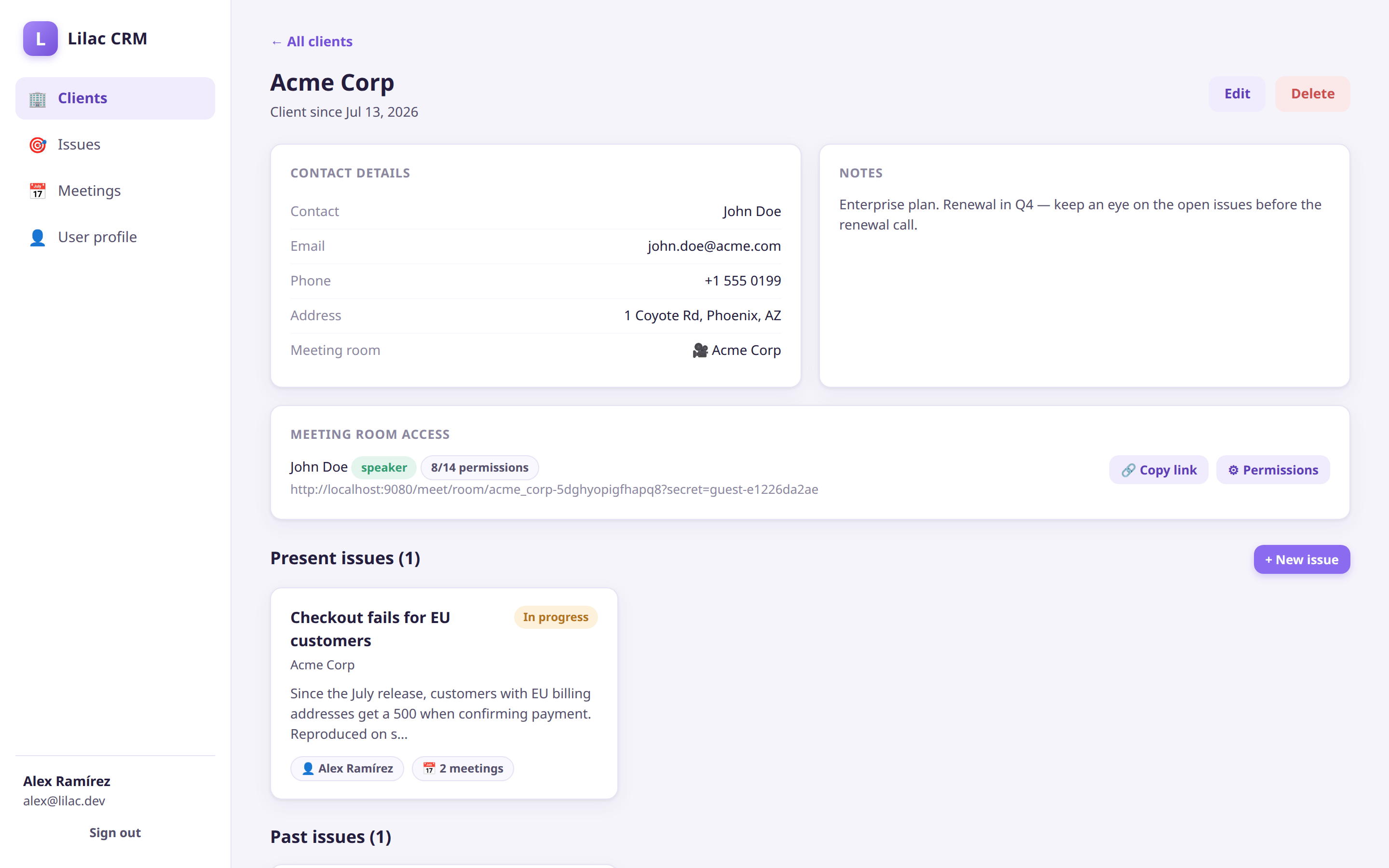 The client's guest membership, managed from the CRM The client page showing meeting room access