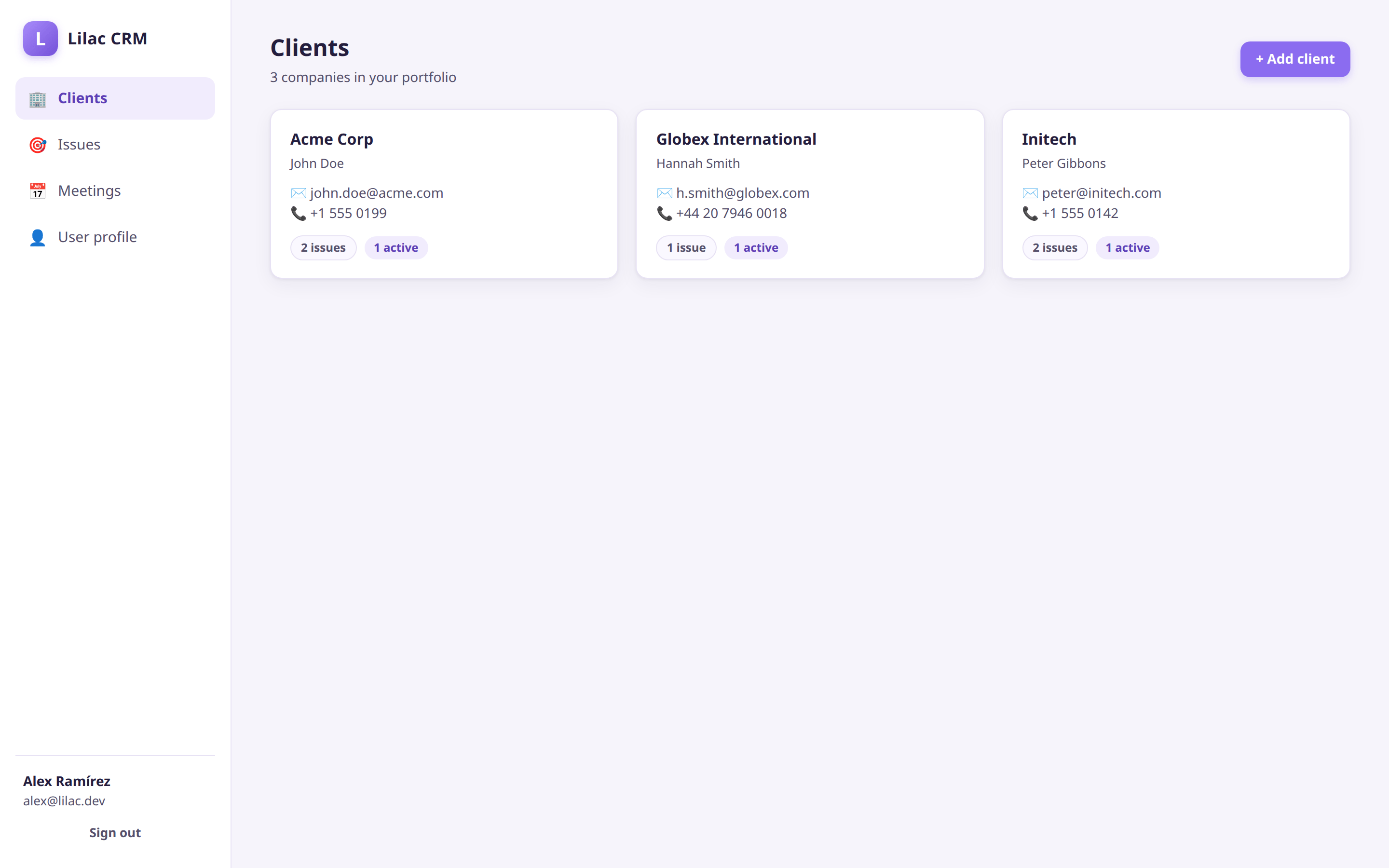 Clients as cards in a grid The clients page of the generated CRM