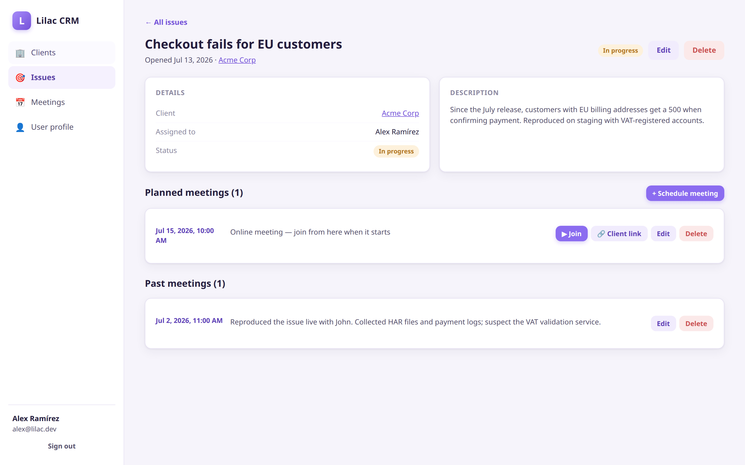 Each issue tracks its meetings — with a Join button that opens the meeting in-app An issue with its planned and past meetings