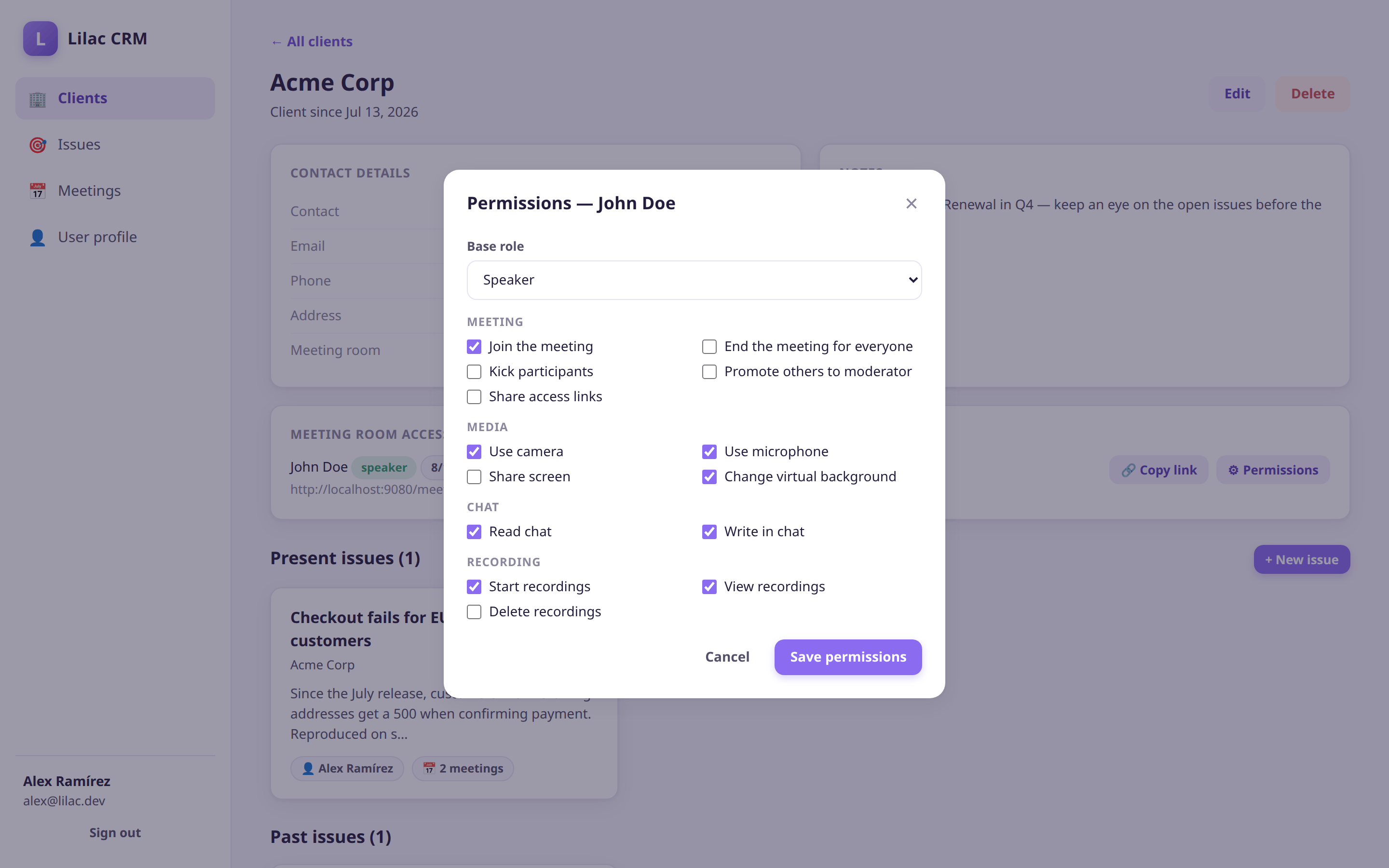 Base role plus 14 per-member permissions, straight from the CRM UI The fine-grained permissions editor