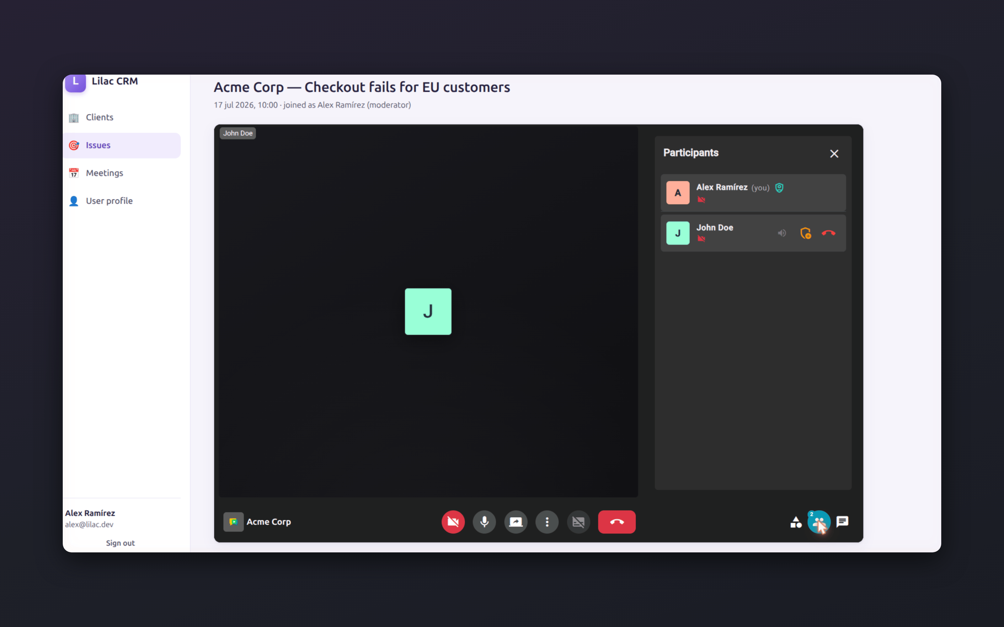 OpenVidu Meet embedded in an AI-generated CRM — a real meeting with the participants panel open, inside the CRM