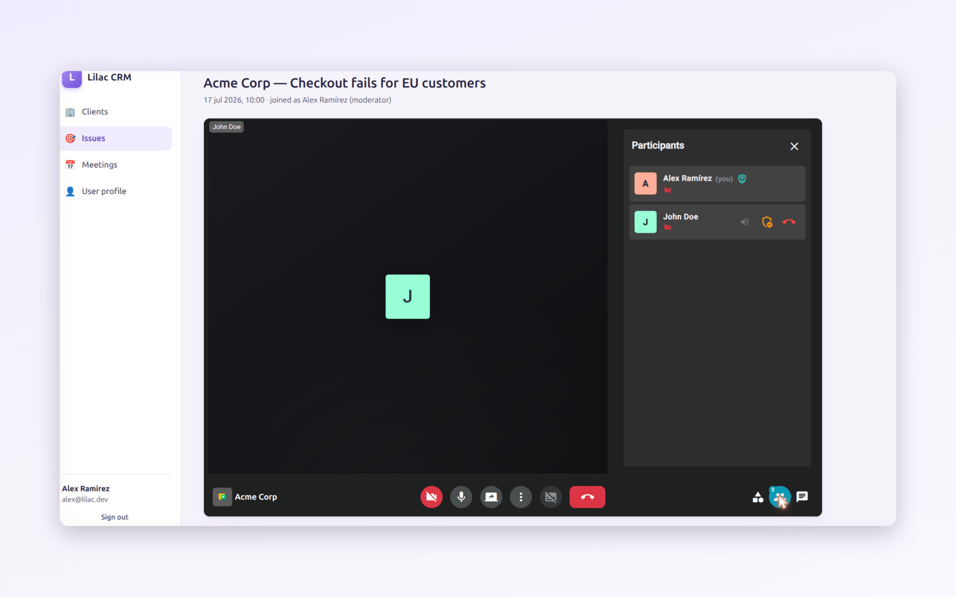 OpenVidu Meet embedded in an AI-generated CRM — a real meeting with the participants panel open, inside the CRM