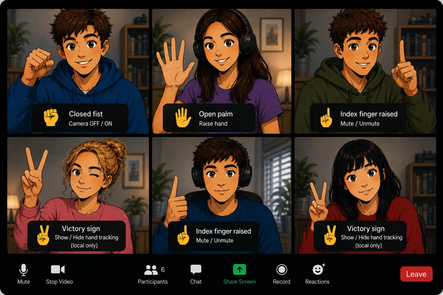 Control your video call with gestures Hand gesture recognition in a video call, processed in the browser with free AI