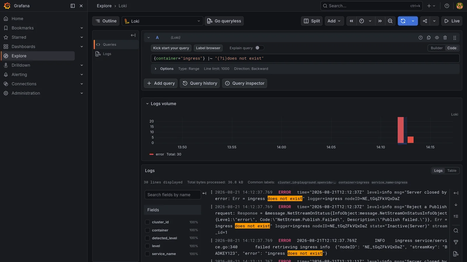 Grafana Loki logs showing the ingress rejecting a publish with a bad stream key
