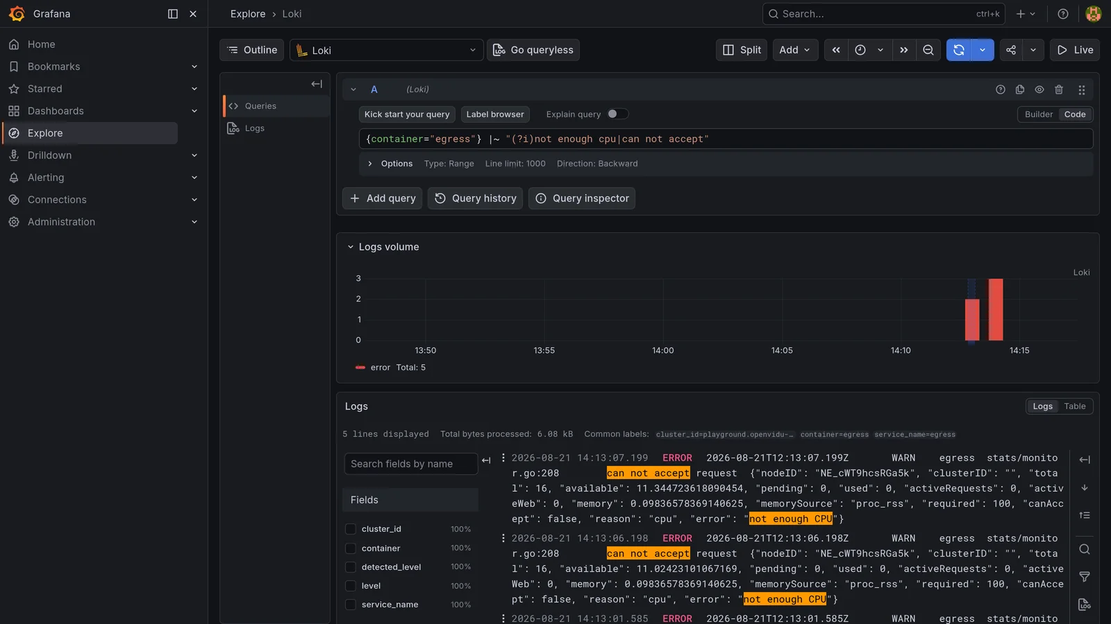 Grafana Loki logs showing egress refusing recordings with a not enough CPU error