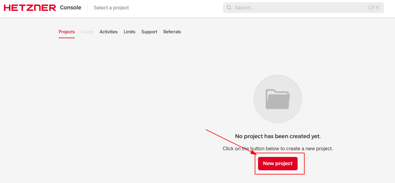 Creating a new project in the Hetzner Cloud console