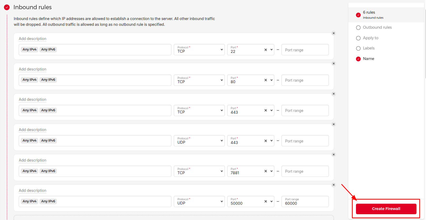 The six inbound rules of the OpenVidu firewall in the Hetzner console