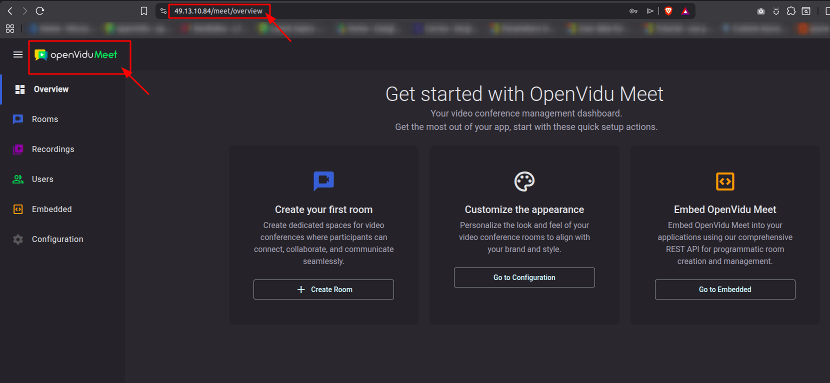 The OpenVidu Meet console running on the same bare IP