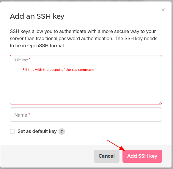 The Add an SSH key dialog in the Hetzner console