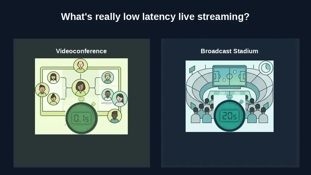 Low latency live streaming vs. traditional broadcast delay A split-screen graphic comparing a near-instant video call with a delayed live broadcast