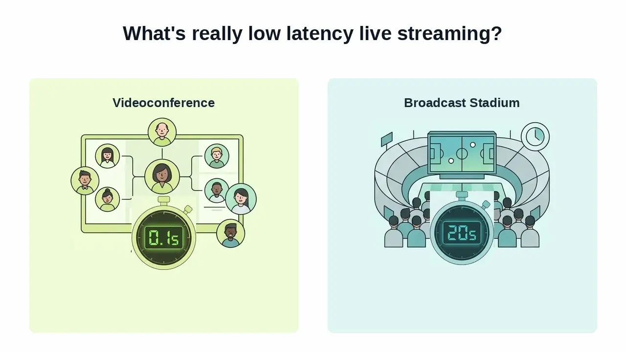 A split-screen graphic comparing a near-instant video call with a delayed live broadcast