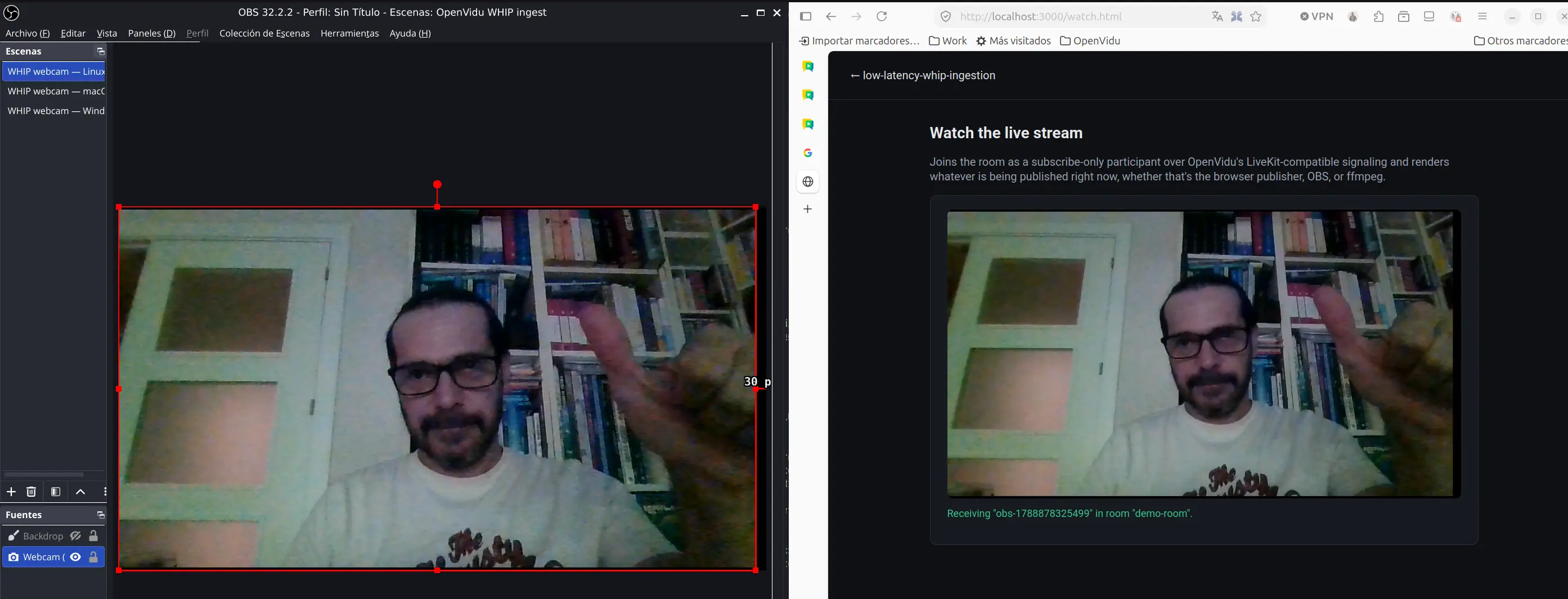 OBS streaming and our watch app viewing the stream, side by side
