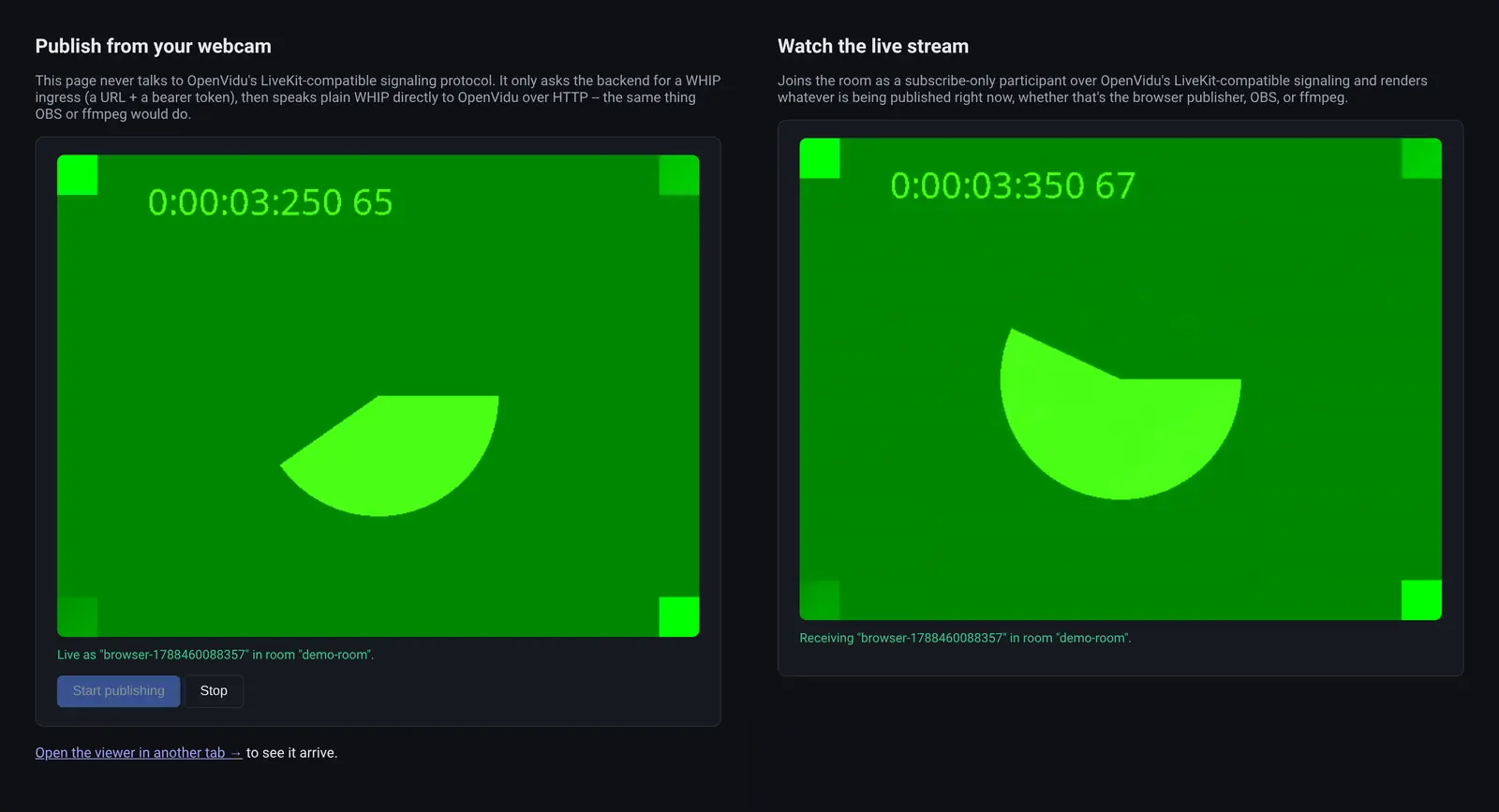 The publisher and the viewer side by side, both showing the same frame of the same stream, with a running clock burned into it