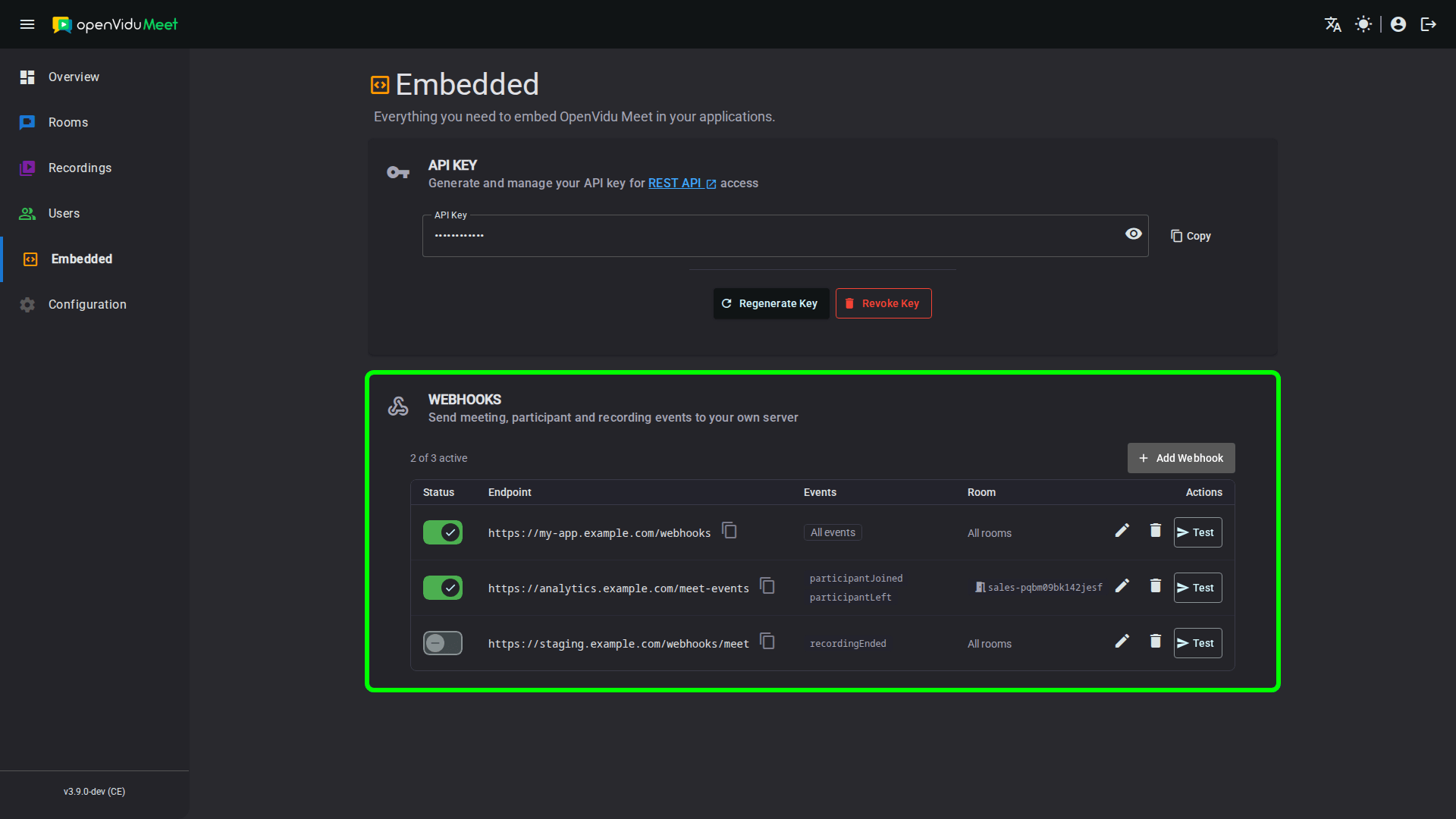 Webhook list in the Embedded page of the OpenVidu Meet app, with per-webhook event filters and room scope
