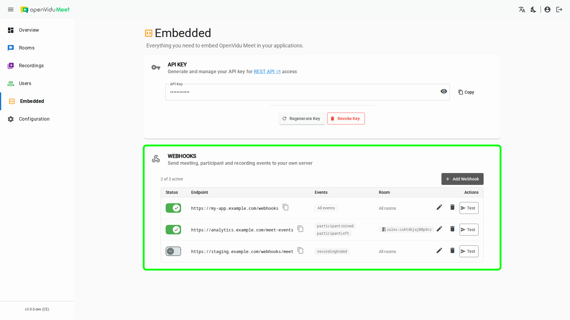 Webhook list in the Embedded page of the OpenVidu Meet app, with per-webhook event filters and room scope