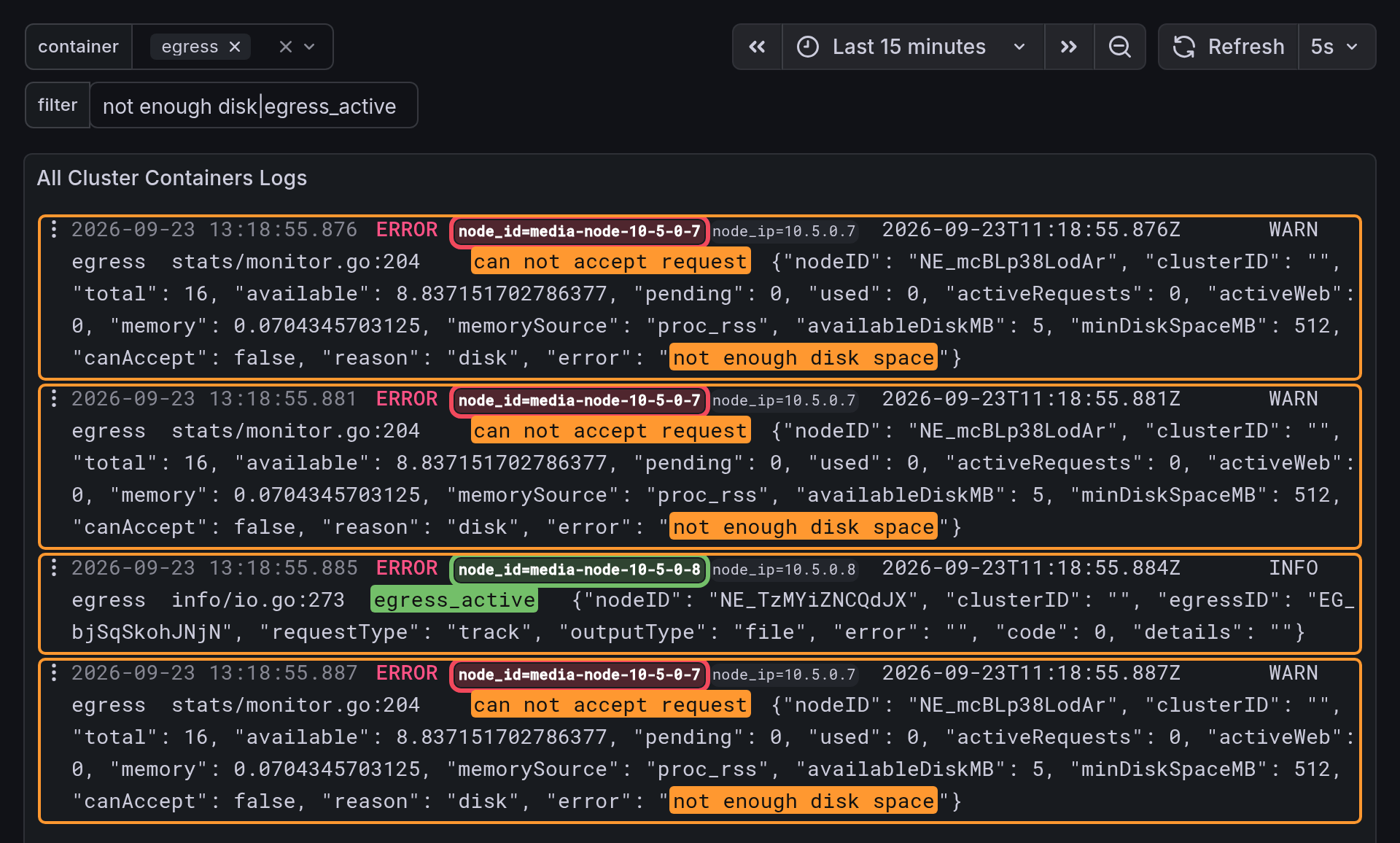 The full Media Node rejecting recordings with reason: disk while a healthy node starts them