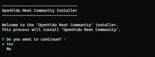The OpenVidu Meet installer asks you to confirm