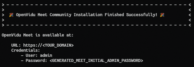 Installation finished: your URL and admin credentials