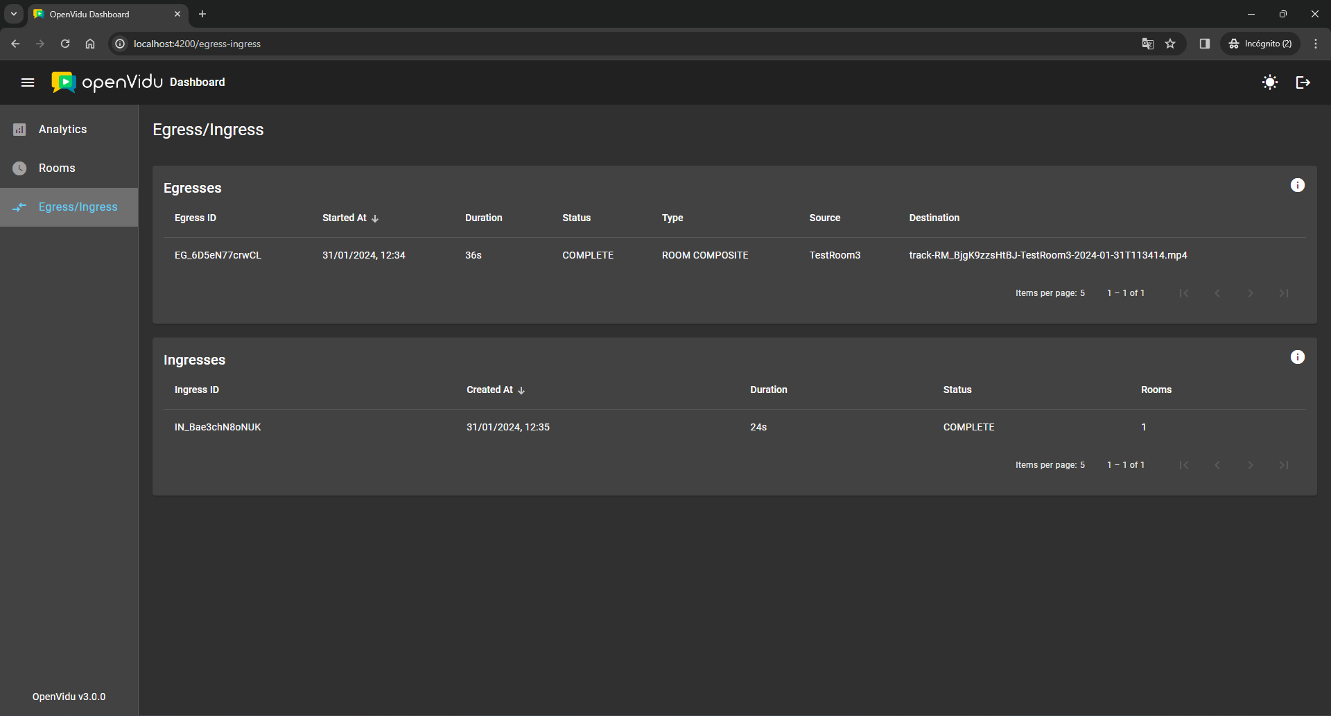 OpenVidu Dashboard egress-ingress