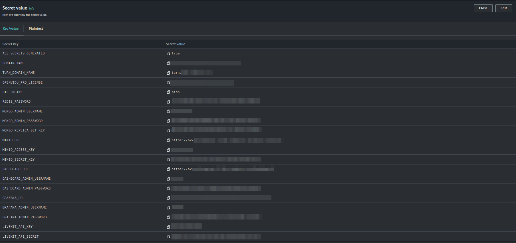 AWS Secrets Manager showing the deployment's secret values