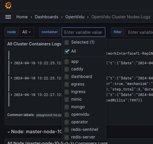 Log panels of a Master Node in the Cluster Nodes Logs dashboard