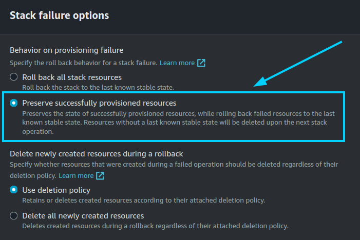 Disable Rollback on failure
