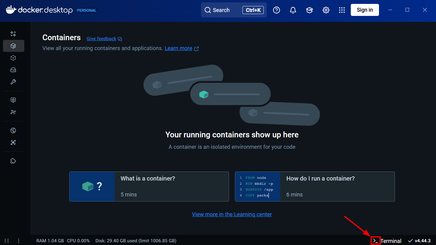 Docker Desktop - Open Terminal