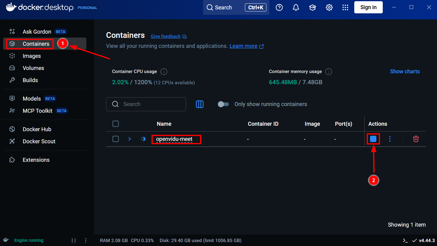 Docker Desktop - Stop Container