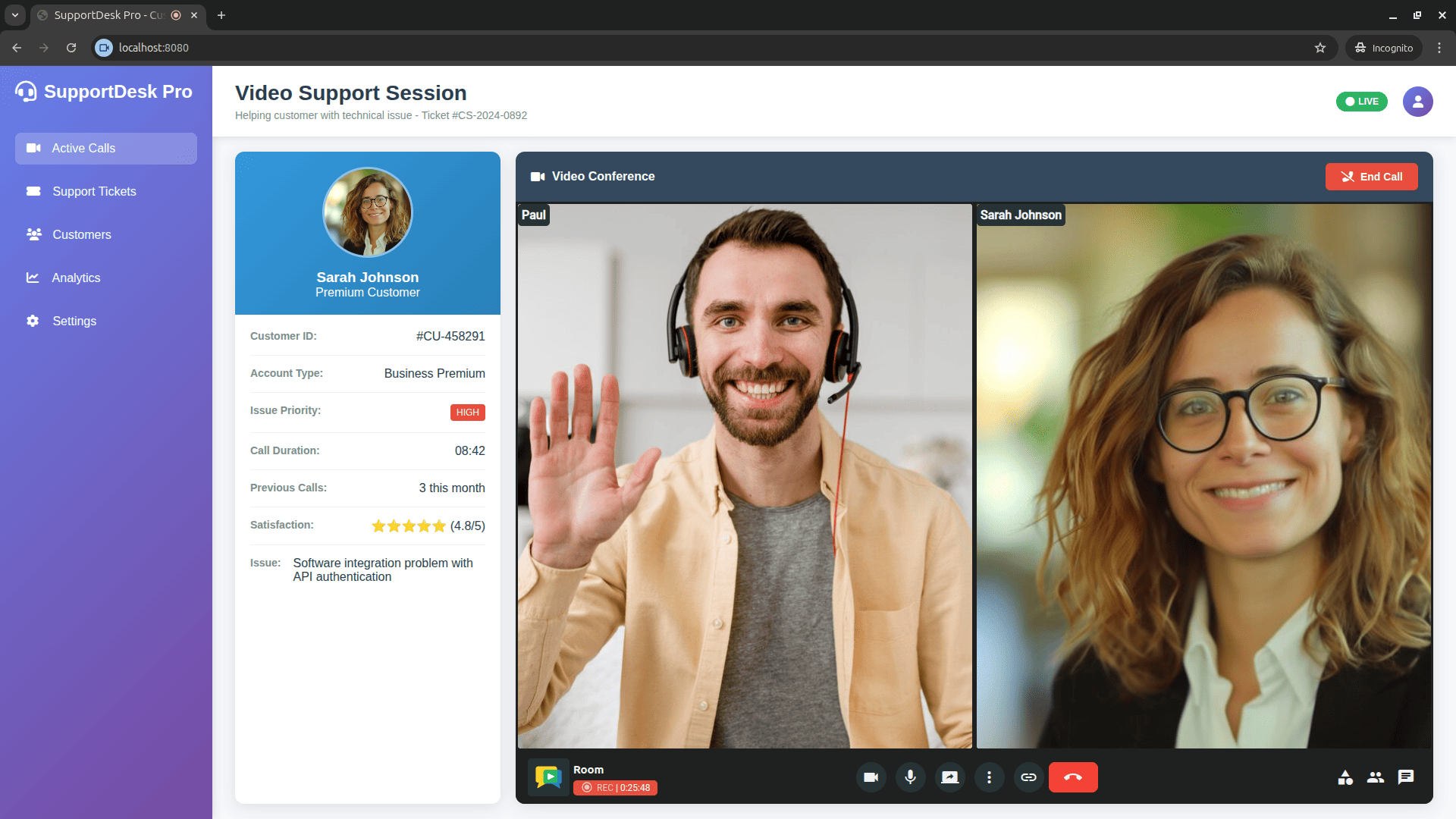 OpenVidu Meet running inside a customer support web application: a two-participant video call with recording, screen sharing, chat and call controls 