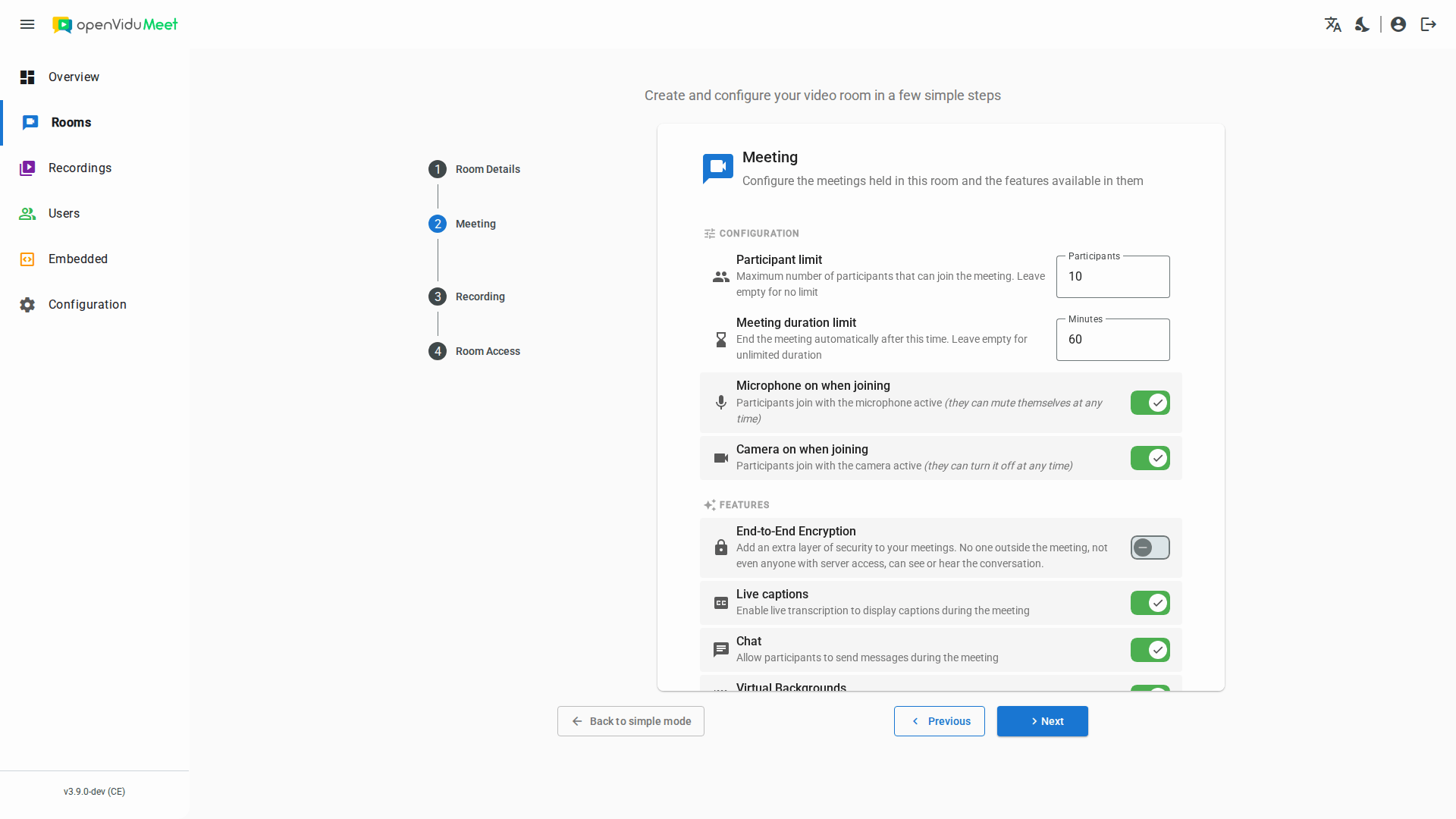 Meeting step of the room configuration wizard