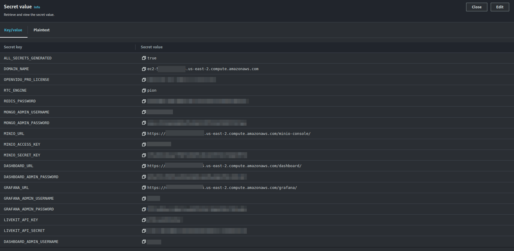 AWS Secrets Manager showing the deployment's secret values