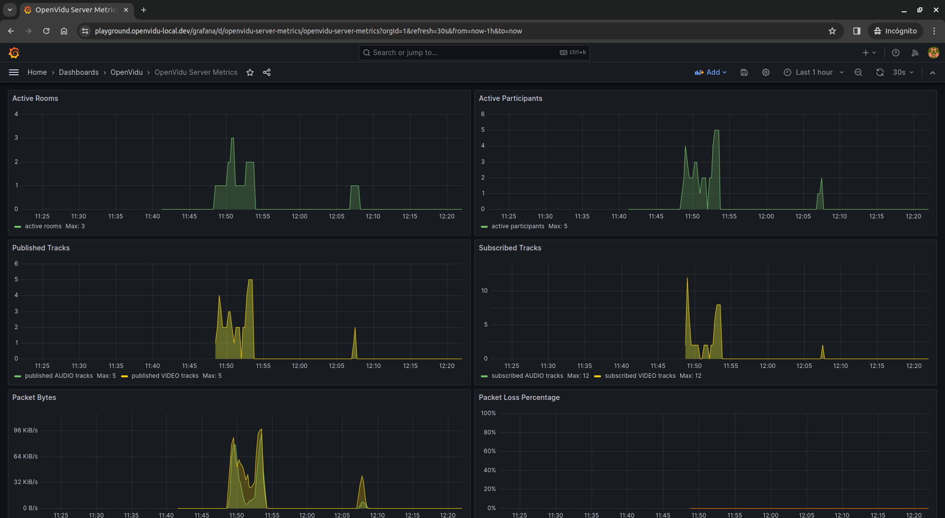 Grafana dashboard with OpenVidu server metrics