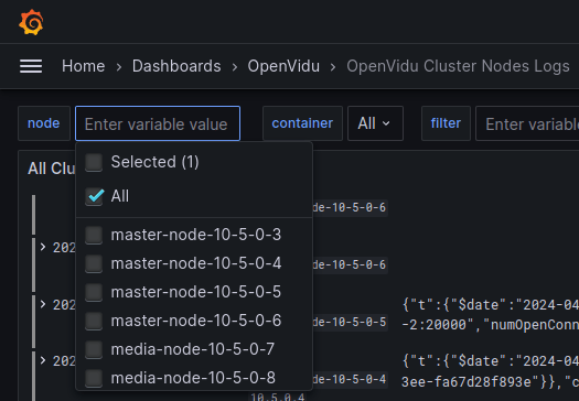 Cluster Nodes Logs dashboard with a row of panels per node