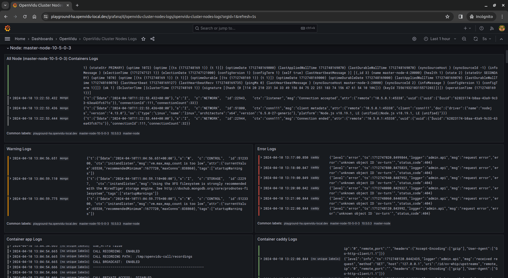 Warnings and errors panels of a node in the Cluster Nodes Logs dashboard