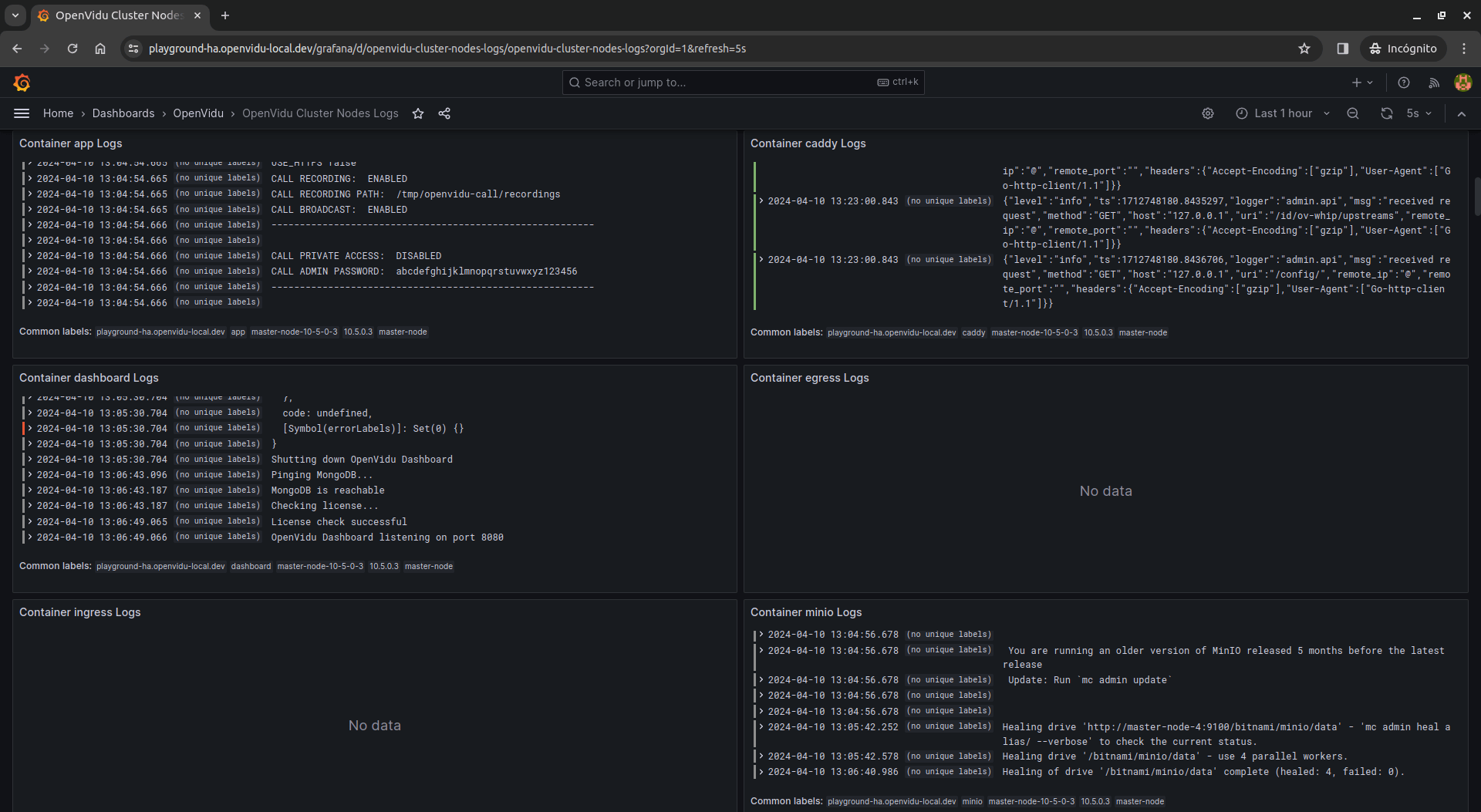 Log panels of a Media Node in the Cluster Nodes Logs dashboard