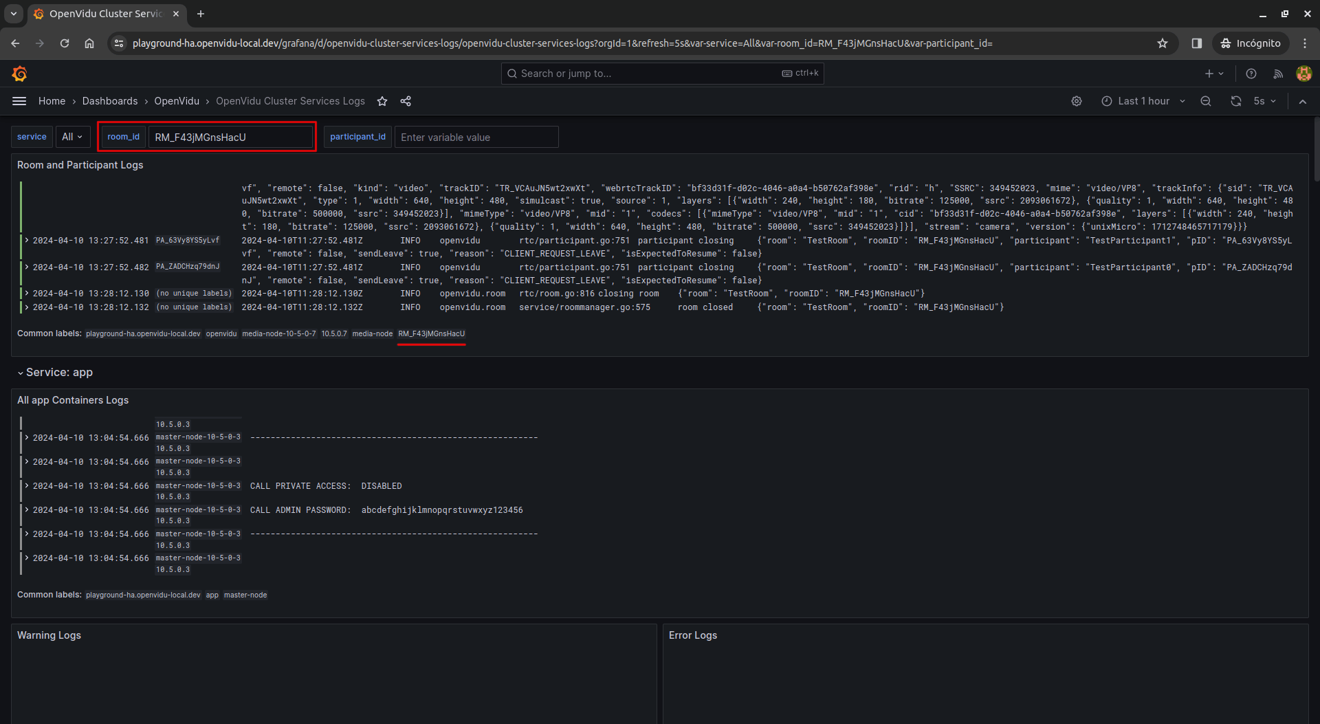Cluster Services Logs dashboard with filters by room and participant