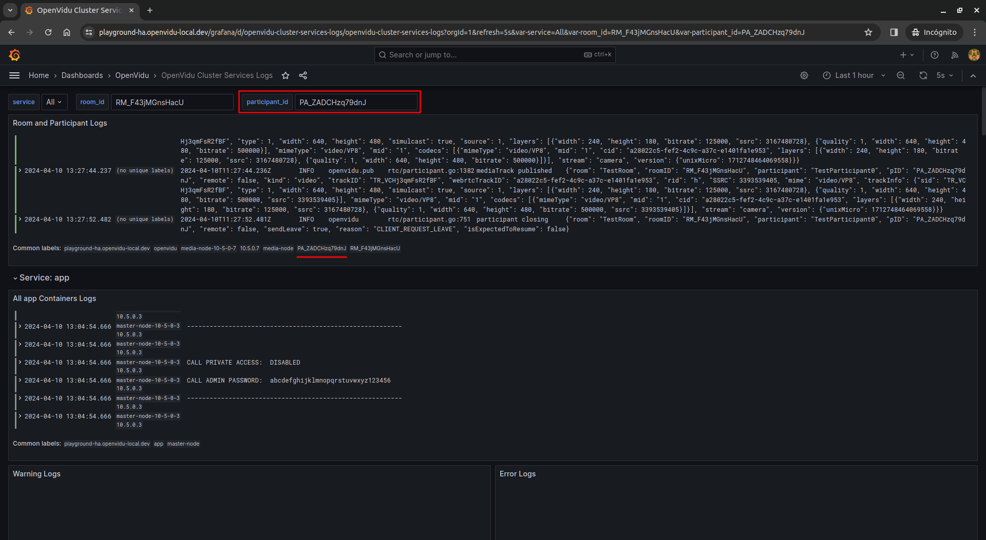 Per-service log panels in the Cluster Services Logs dashboard