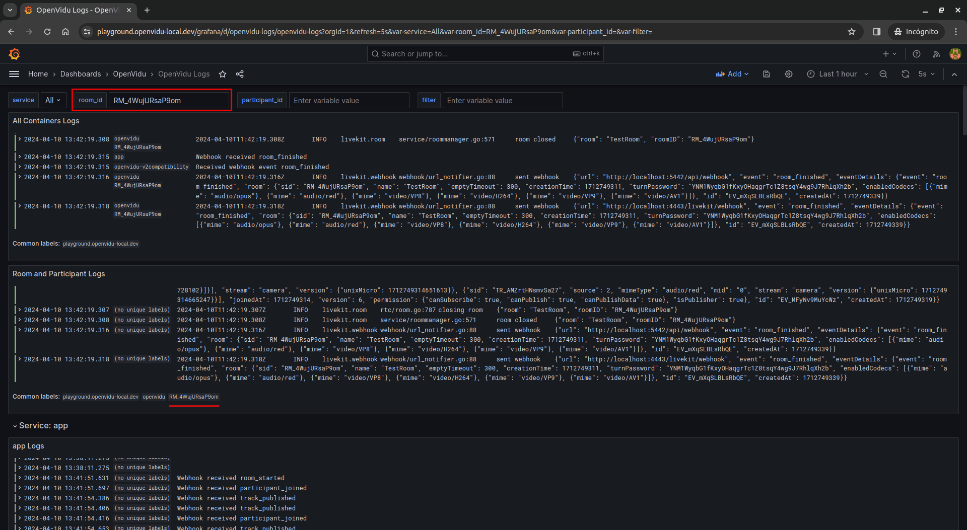 Grafana logs dashboard with filters by room and participant