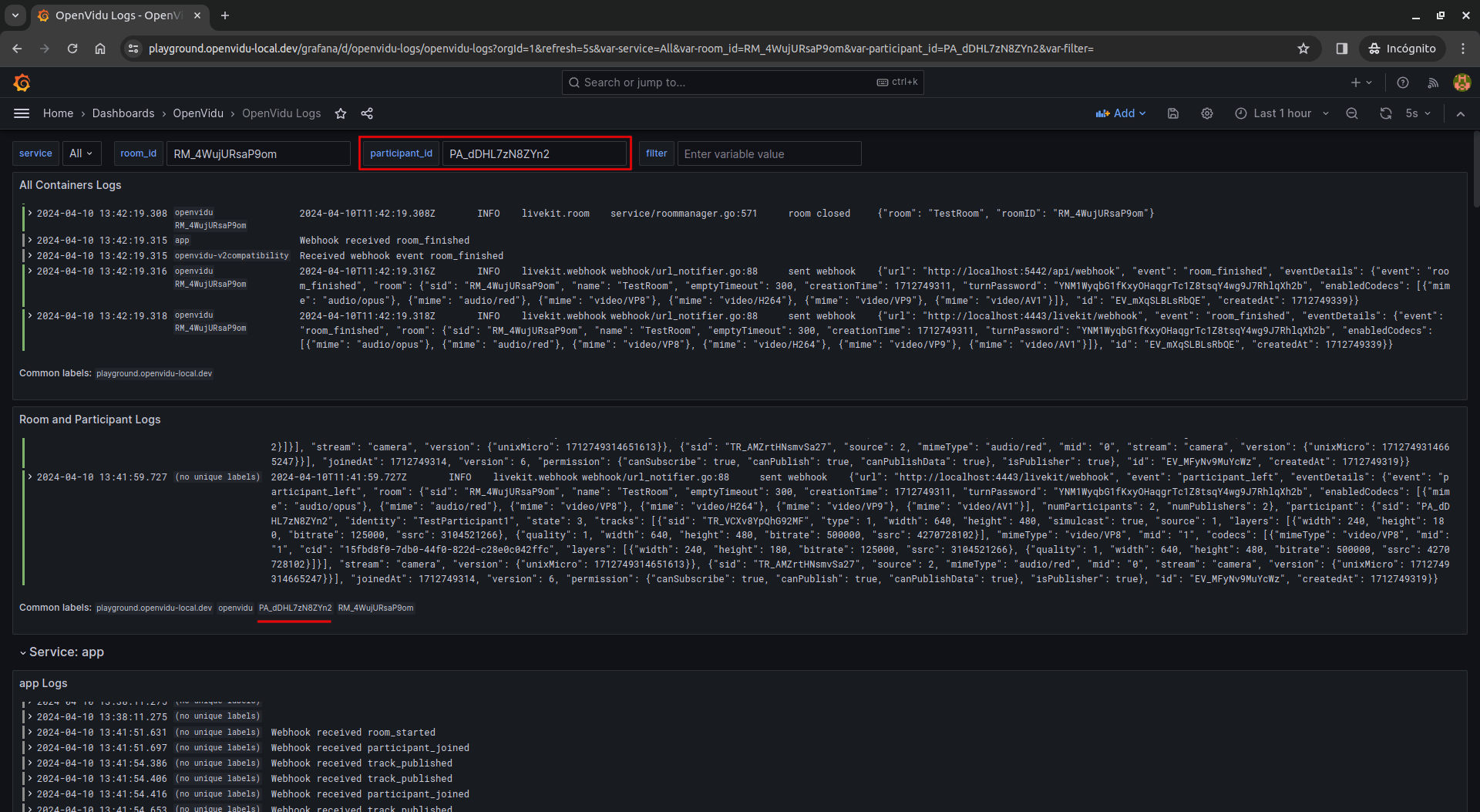 OpenVidu log entries in the Grafana logs dashboard