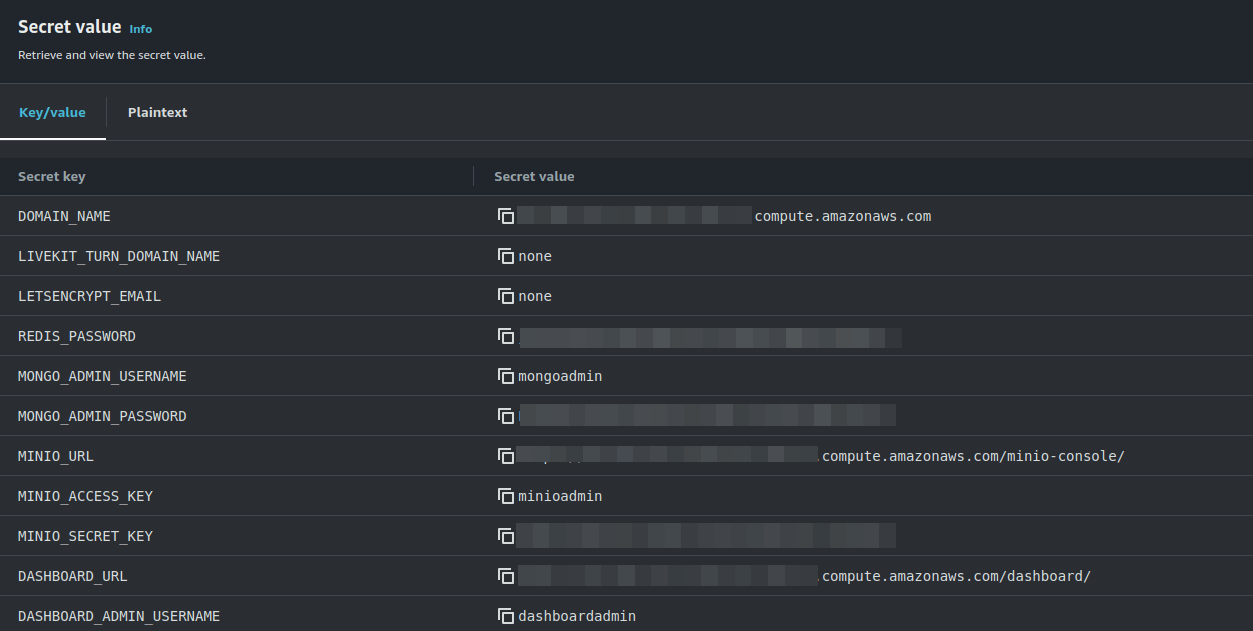 AWS Secrets Manager showing the deployment's secret values