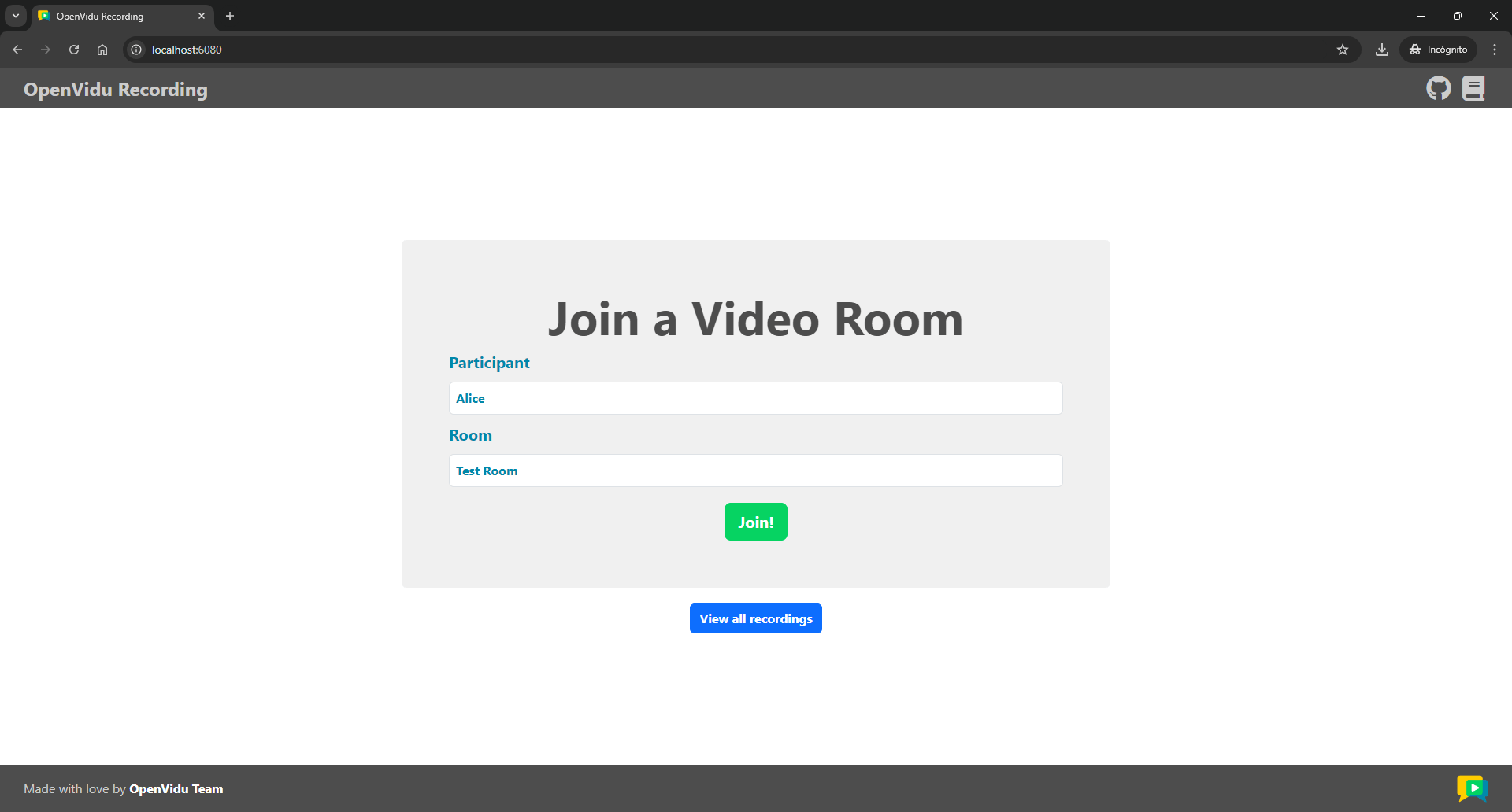 Video call room of the recording tutorial app with recording controls