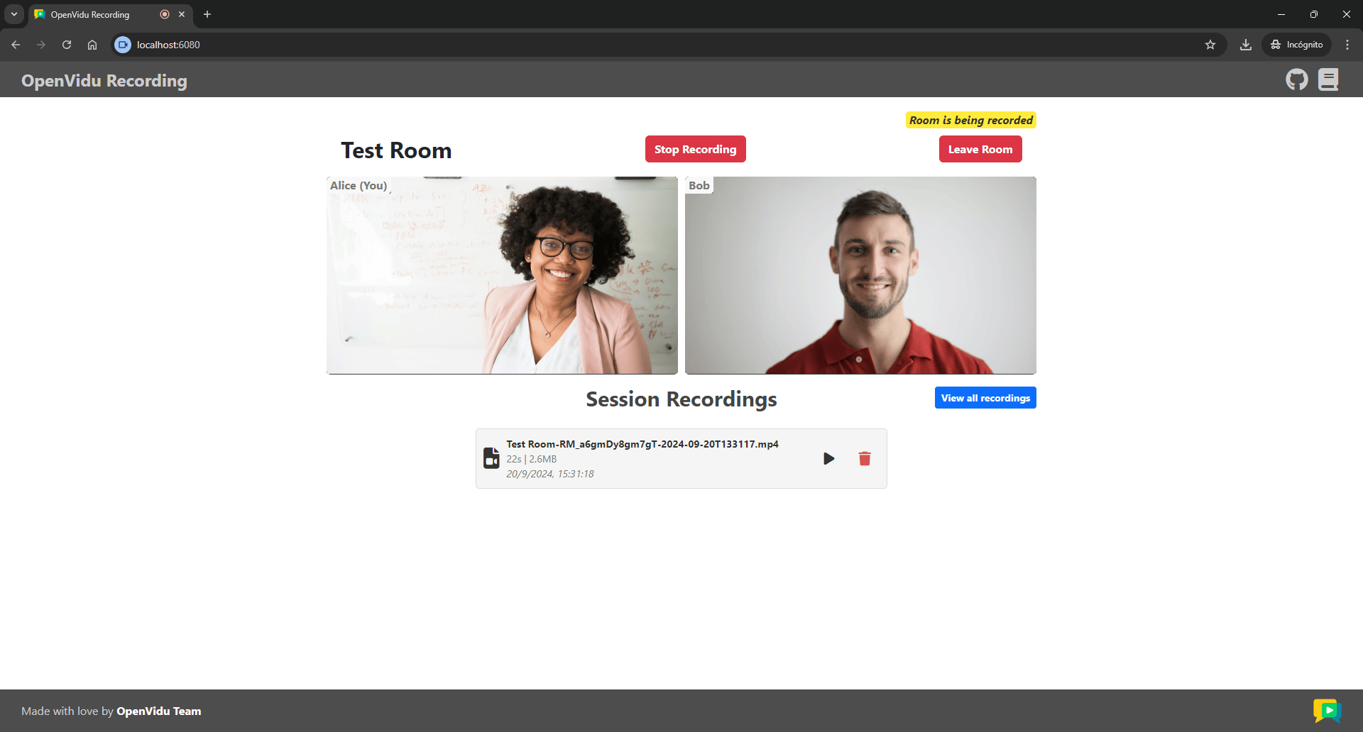 List of recordings of the room in the recording tutorial app