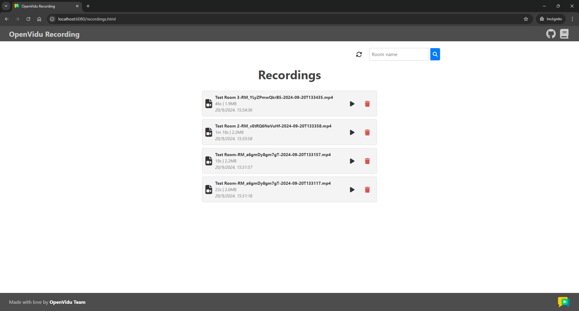 General recording page listing recordings from all rooms