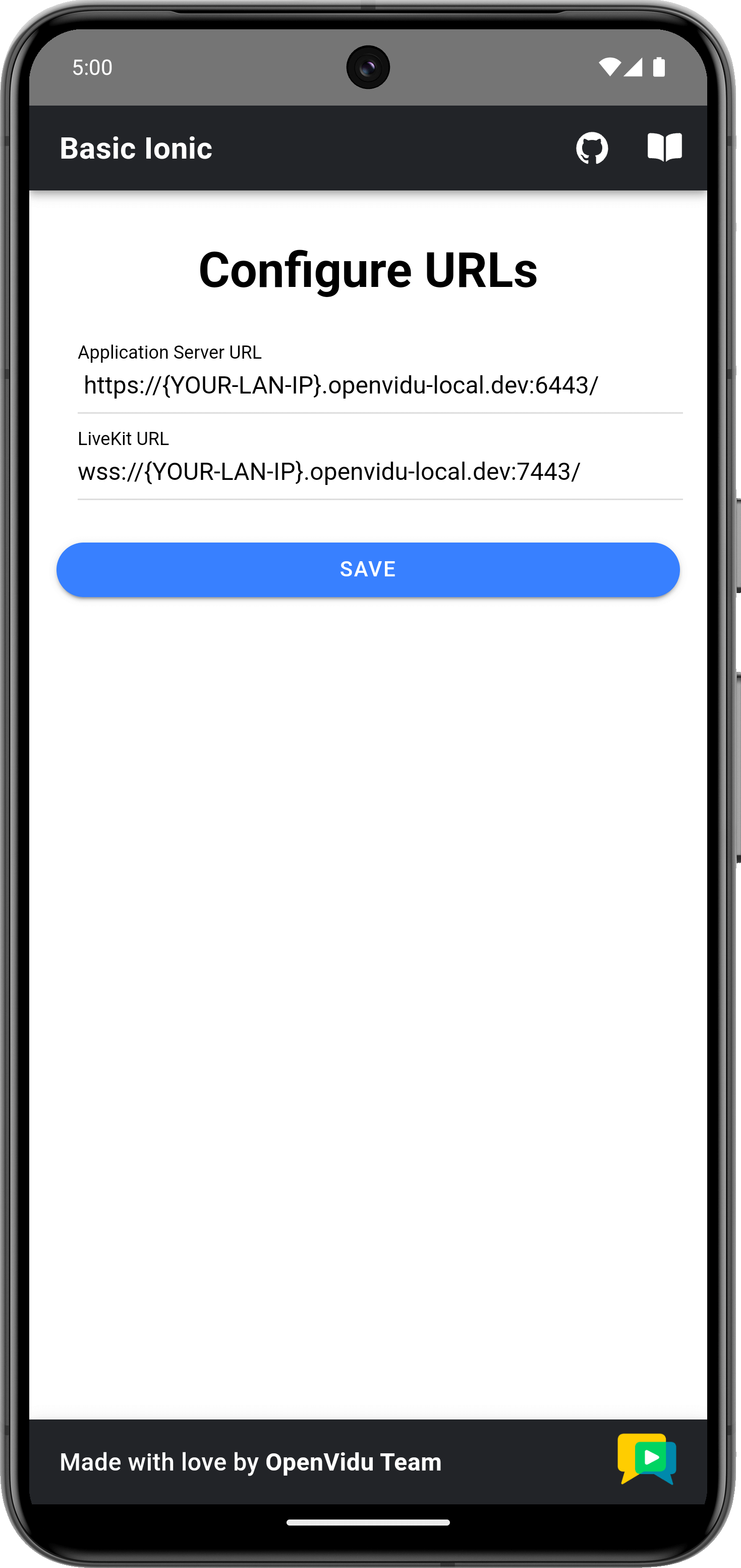 URL configuration of the Ionic tutorial app