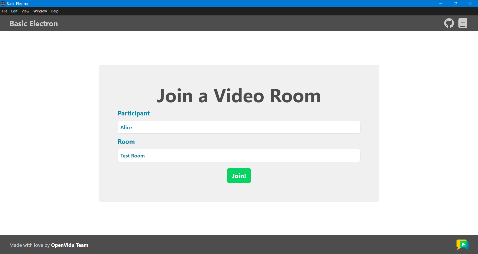 Join screen of the Electron tutorial app