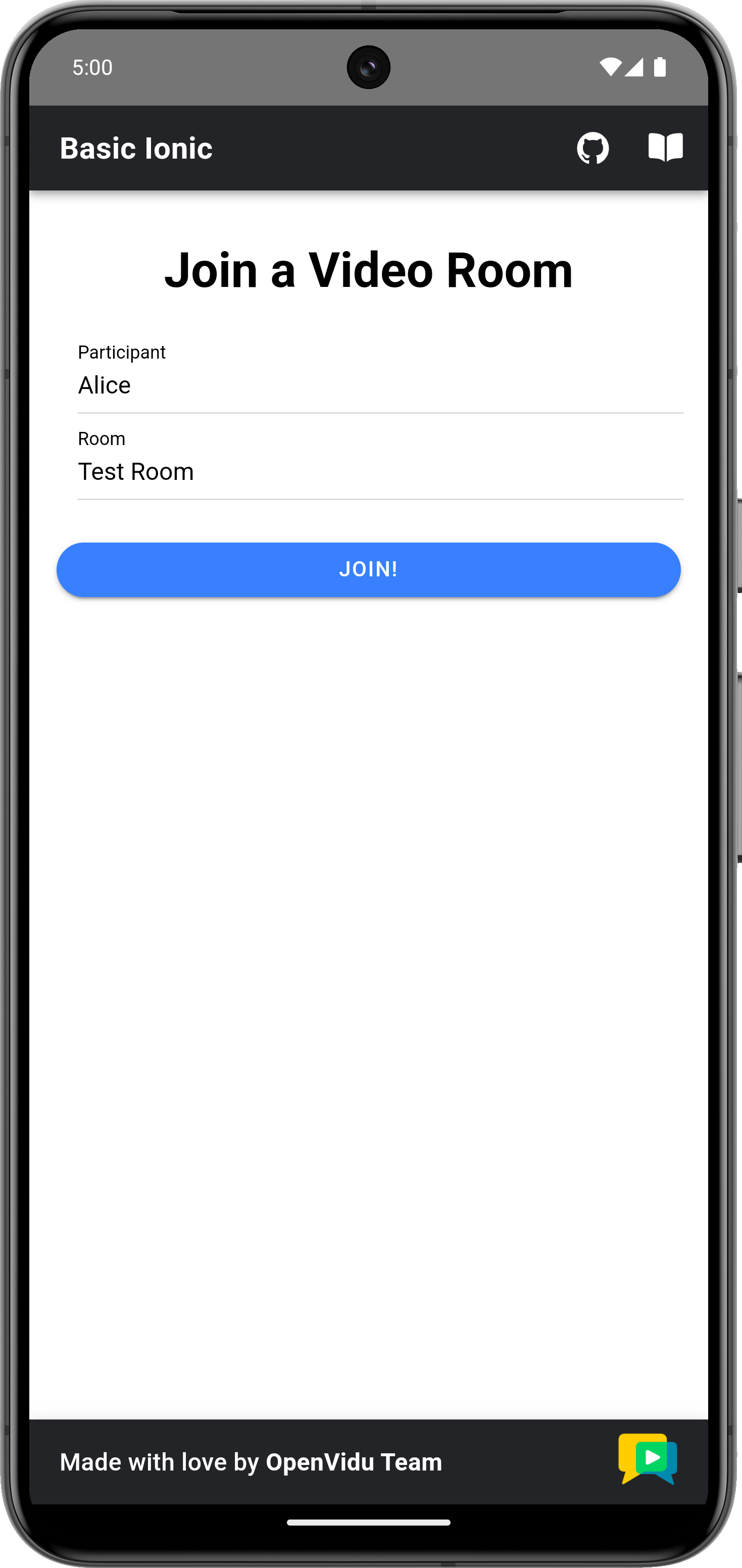 Join screen of the Ionic tutorial app on a mobile device