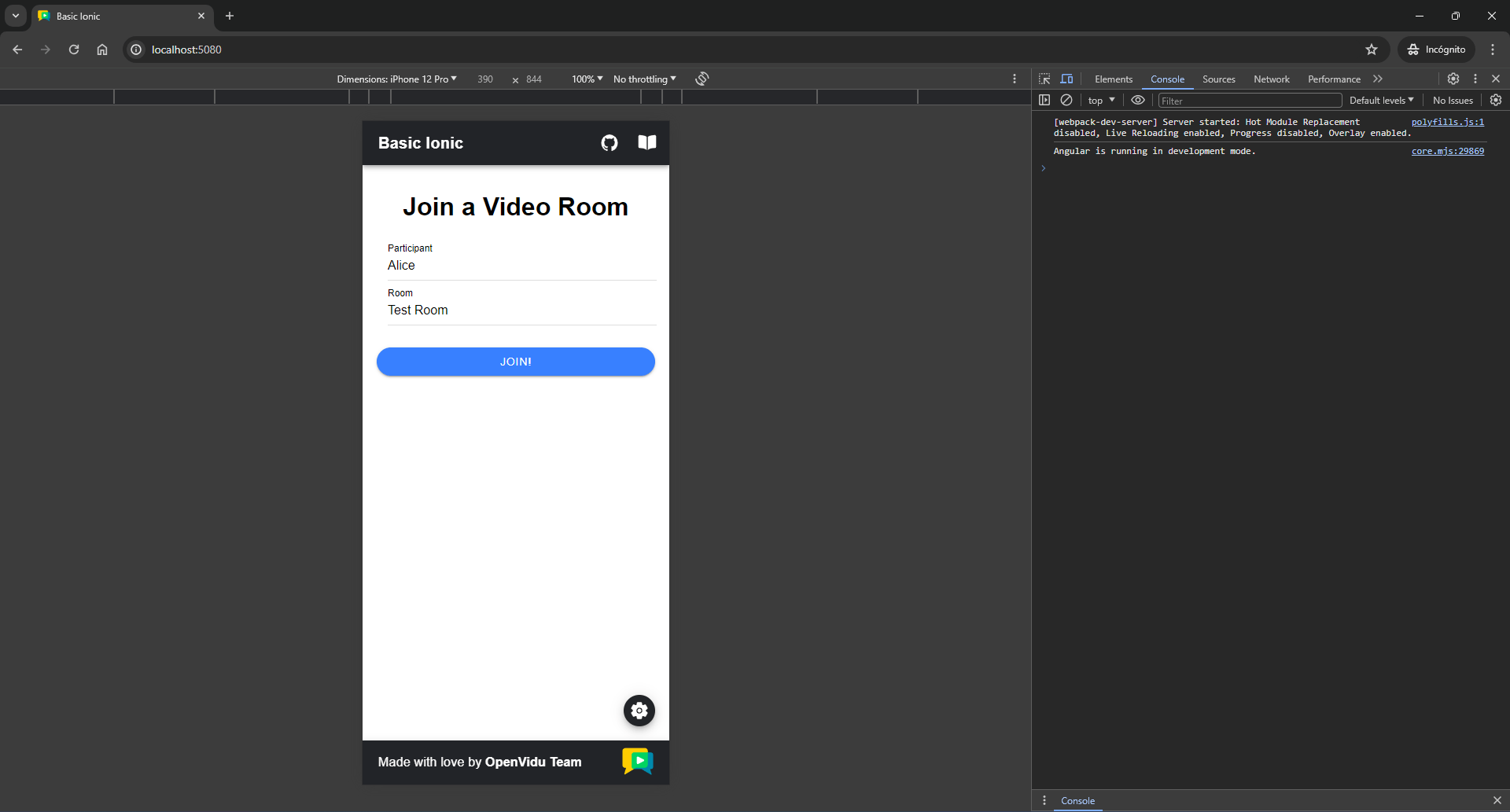 Join screen of the Ionic tutorial app in a browser