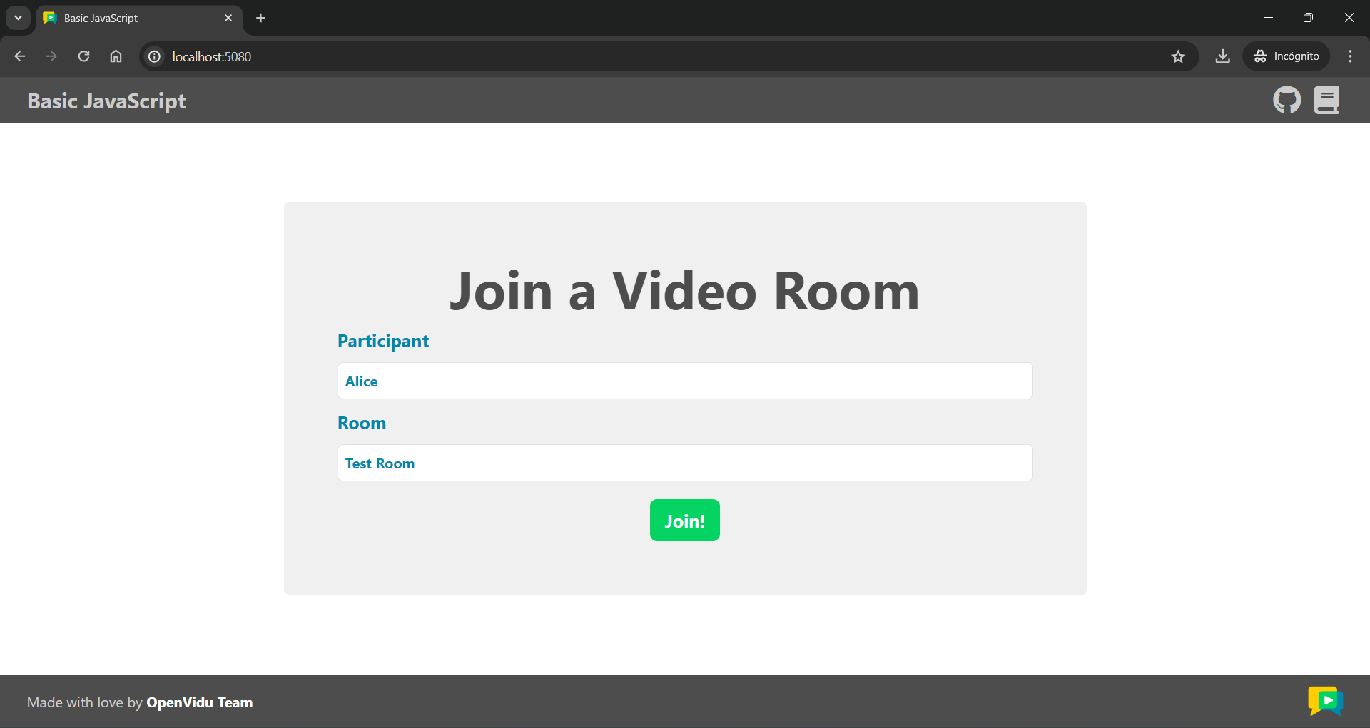 Join screen of the JavaScript tutorial app