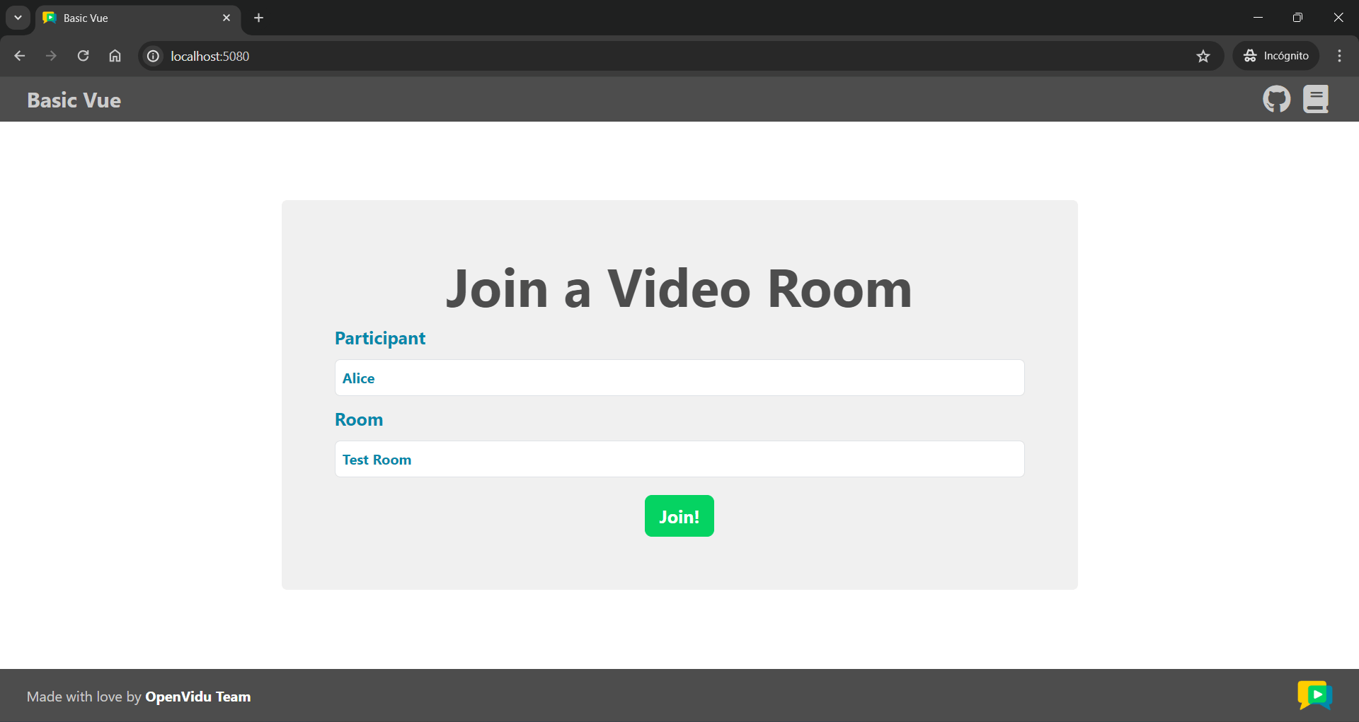 Join screen of the Vue tutorial app