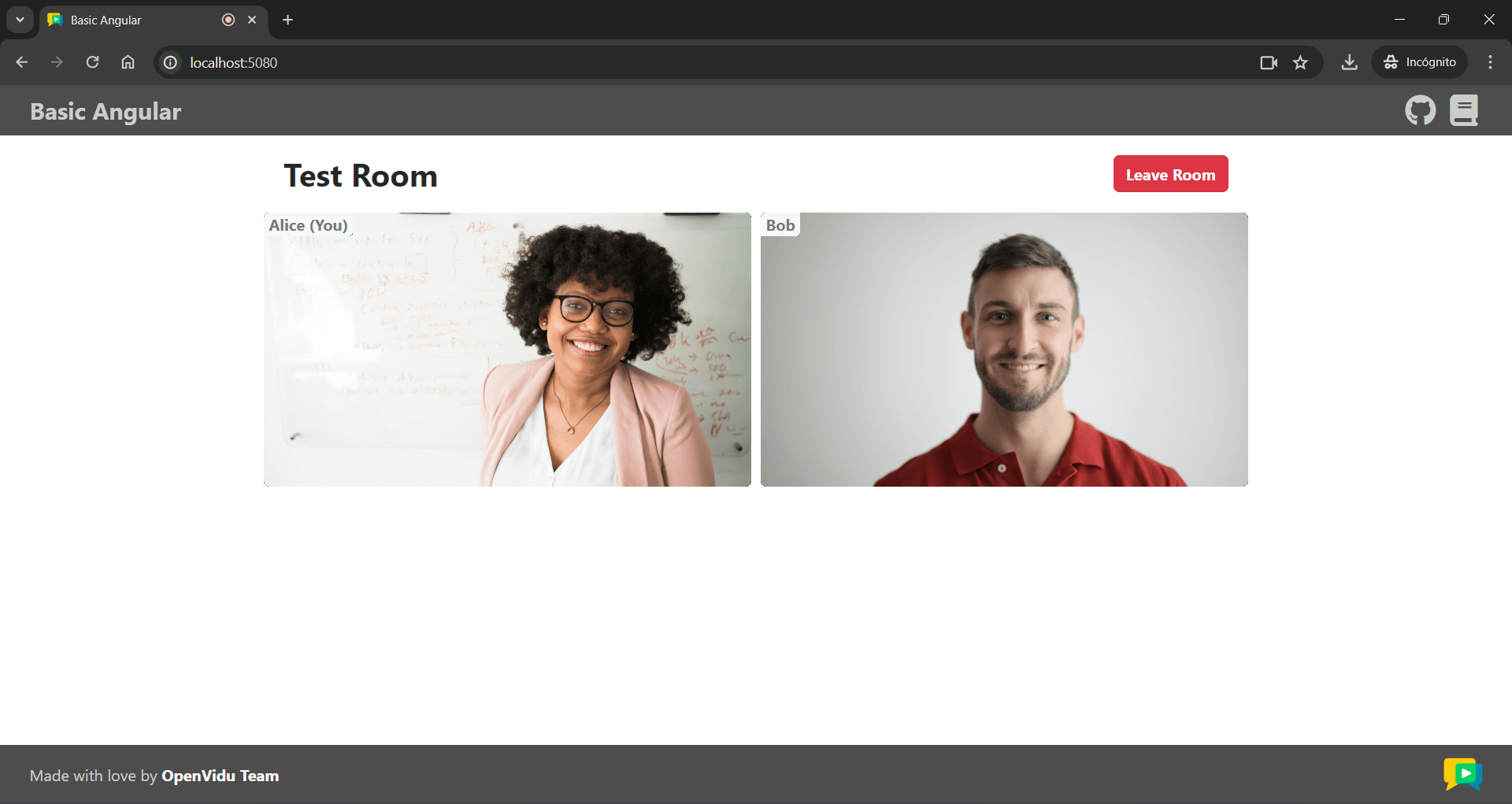 Video call room of the Angular tutorial app